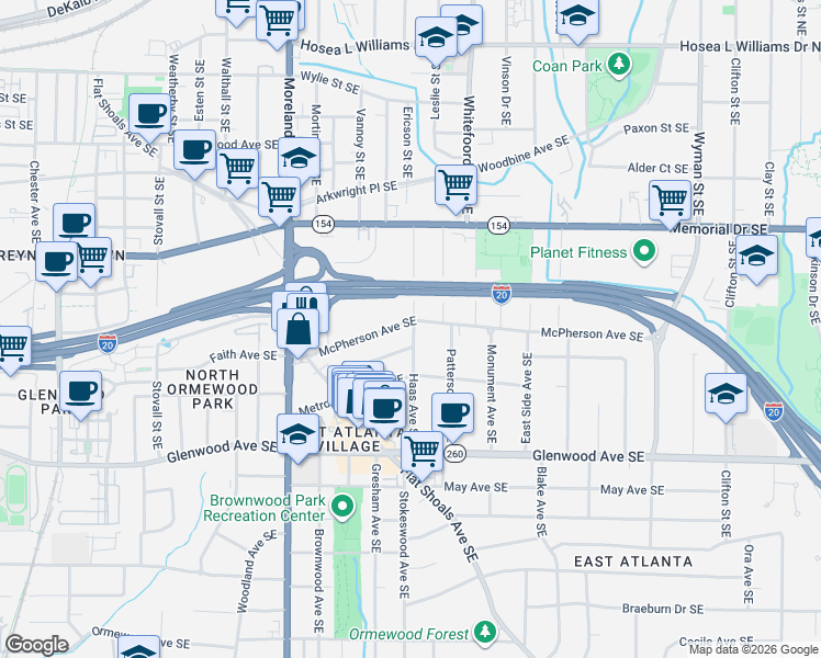 map of restaurants, bars, coffee shops, grocery stores, and more near 1299 McPherson Avenue Southeast in Atlanta