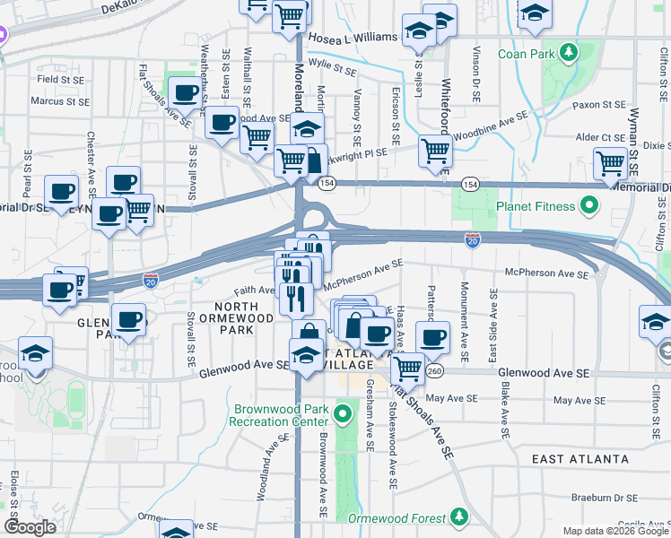 map of restaurants, bars, coffee shops, grocery stores, and more near 347 Trilby Street Southeast in Atlanta