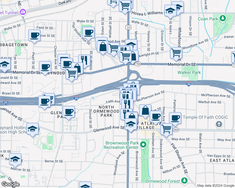 map of restaurants, bars, coffee shops, grocery stores, and more near 1162 Village Court Southeast in Atlanta