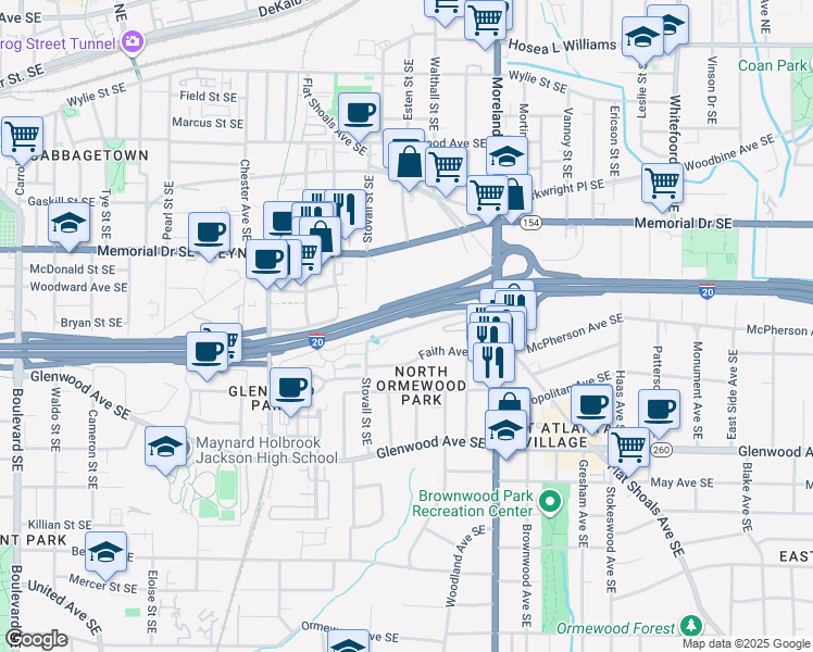 map of restaurants, bars, coffee shops, grocery stores, and more near 3 Stovall Street Southeast in Atlanta