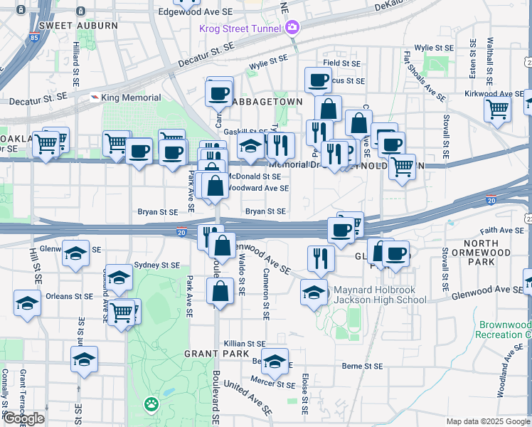 map of restaurants, bars, coffee shops, grocery stores, and more near 705 Bryan Street Southeast in Atlanta