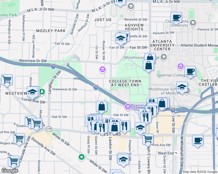 map of restaurants, bars, coffee shops, grocery stores, and more near 406 Lawton Street Southwest in Atlanta