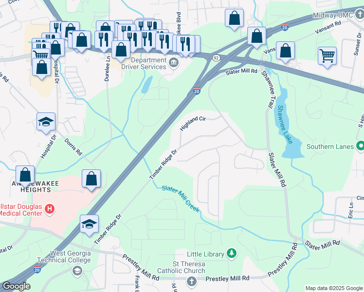 map of restaurants, bars, coffee shops, grocery stores, and more near 1115 Lockhart Way in Douglasville