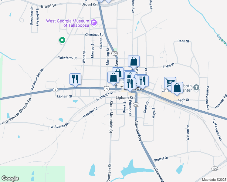 map of restaurants, bars, coffee shops, grocery stores, and more near in Tallapoosa