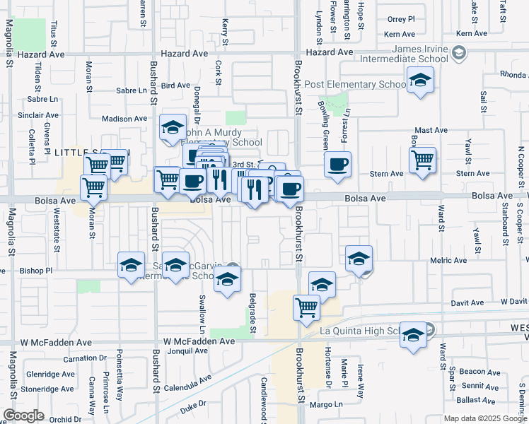 map of restaurants, bars, coffee shops, grocery stores, and more near 9876 Bolsa Avenue in Westminster