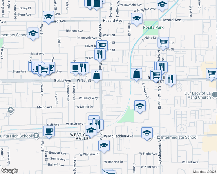 map of restaurants, bars, coffee shops, grocery stores, and more near 5114 West 1st Street in Santa Ana