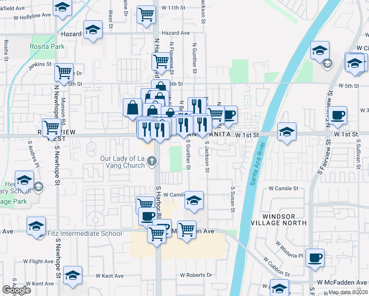 map of restaurants, bars, coffee shops, grocery stores, and more near 122 South Gunther Street in Santa Ana