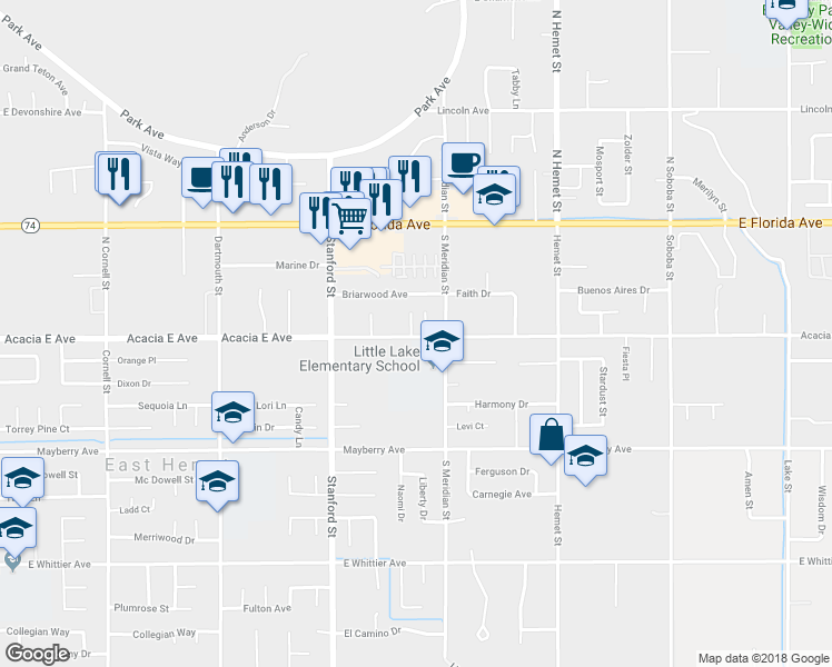 map of restaurants, bars, coffee shops, grocery stores, and more near 41900 Acacia Avenue in Hemet
