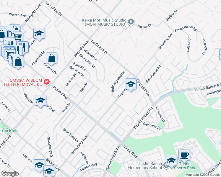 map of restaurants, bars, coffee shops, grocery stores, and more near 12691 Bubbling Well Road in Santa Ana