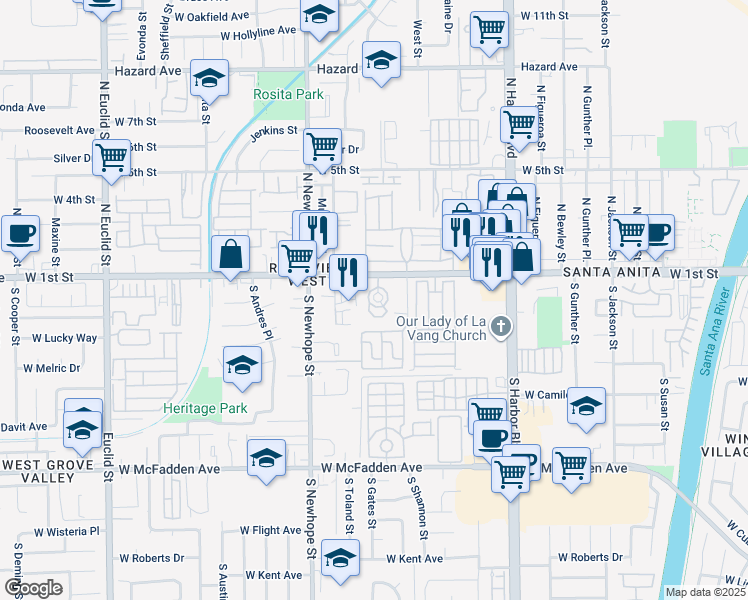 map of restaurants, bars, coffee shops, grocery stores, and more near 4200 West 1st Street in Santa Ana