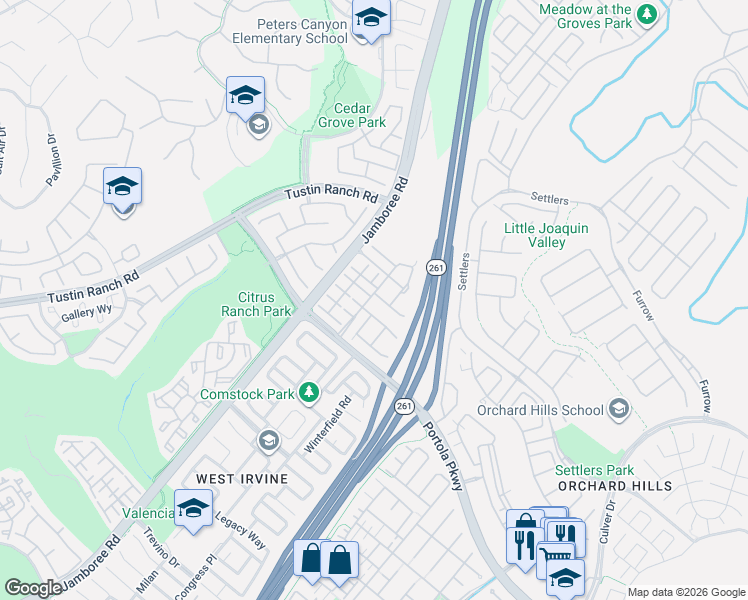 map of restaurants, bars, coffee shops, grocery stores, and more near 22 Kirkland in Irvine