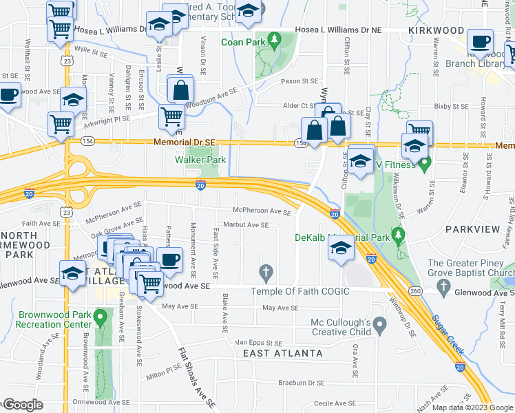 map of restaurants, bars, coffee shops, grocery stores, and more near 1532 McPherson Avenue Southeast in Atlanta