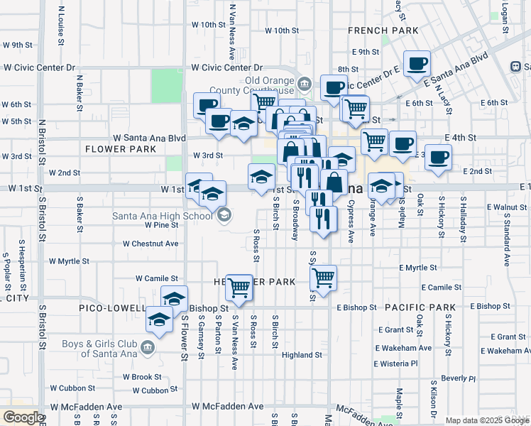 map of restaurants, bars, coffee shops, grocery stores, and more near 414 West Walnut Street in Santa Ana