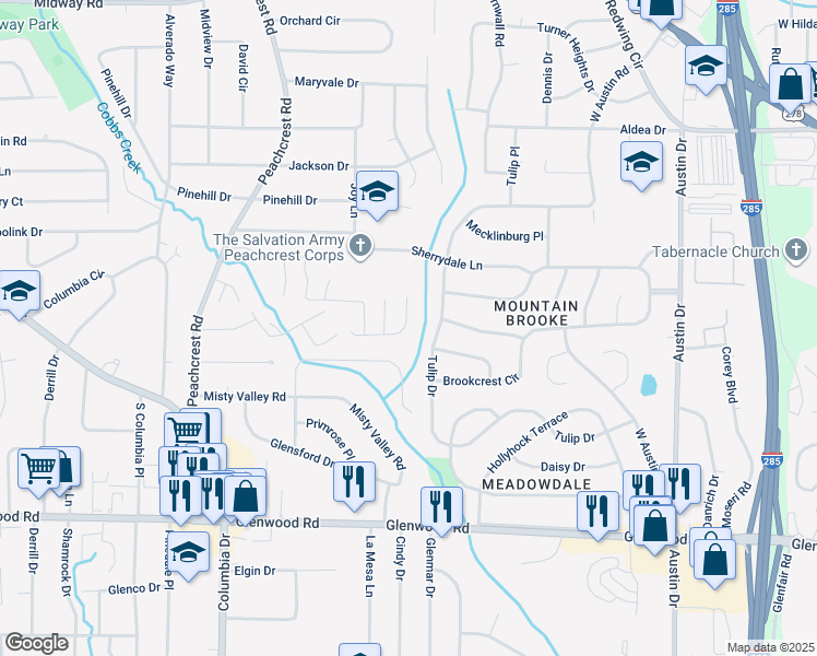 map of restaurants, bars, coffee shops, grocery stores, and more near 3543 Sweetgum Lane in Decatur