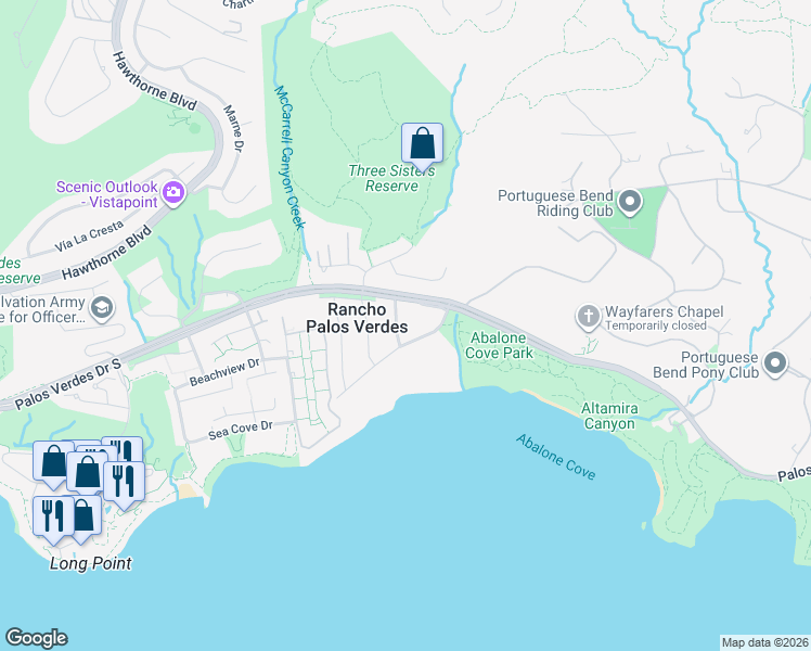 map of restaurants, bars, coffee shops, grocery stores, and more near 11 Sea Cove Drive in Rancho Palos Verdes
