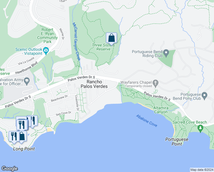 map of restaurants, bars, coffee shops, grocery stores, and more near 8 Clipper Road in Rancho Palos Verdes