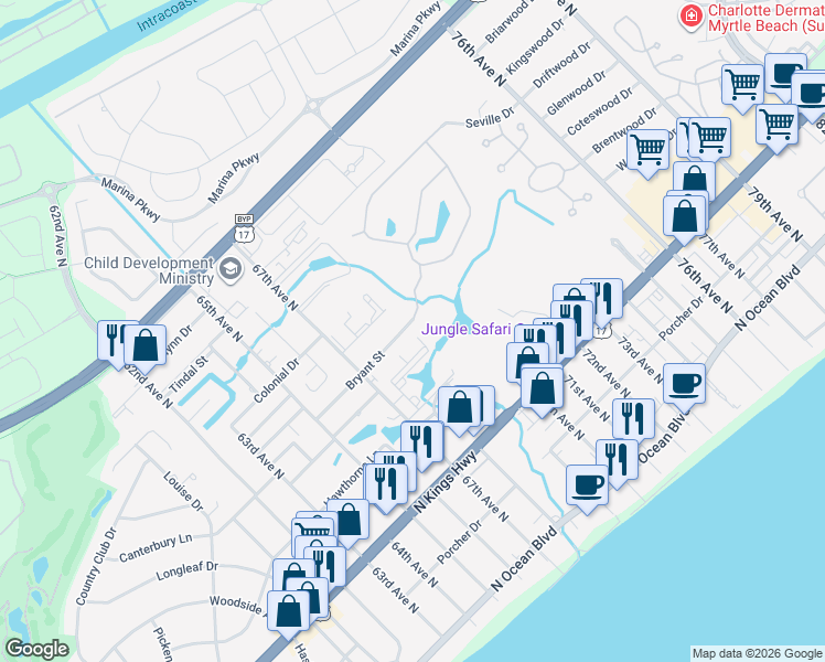 map of restaurants, bars, coffee shops, grocery stores, and more near 6714 Bryant Street in Myrtle Beach