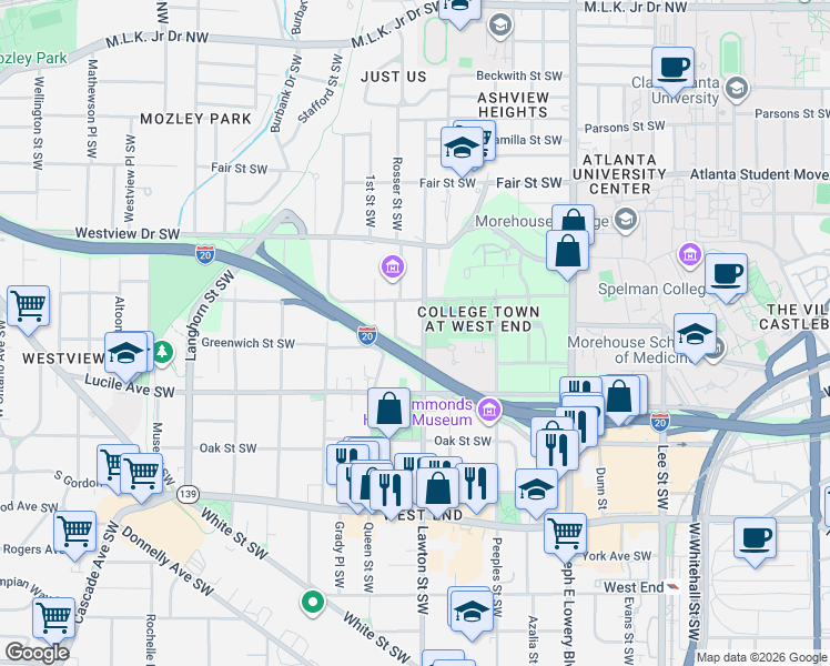 map of restaurants, bars, coffee shops, grocery stores, and more near 406 Lawton Street Southwest in Atlanta