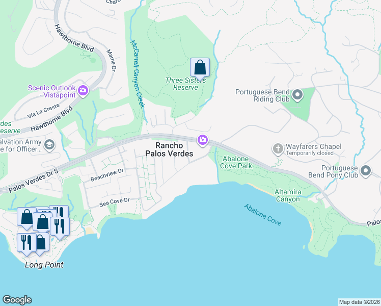 map of restaurants, bars, coffee shops, grocery stores, and more near 8 Clipper Road in Rancho Palos Verdes