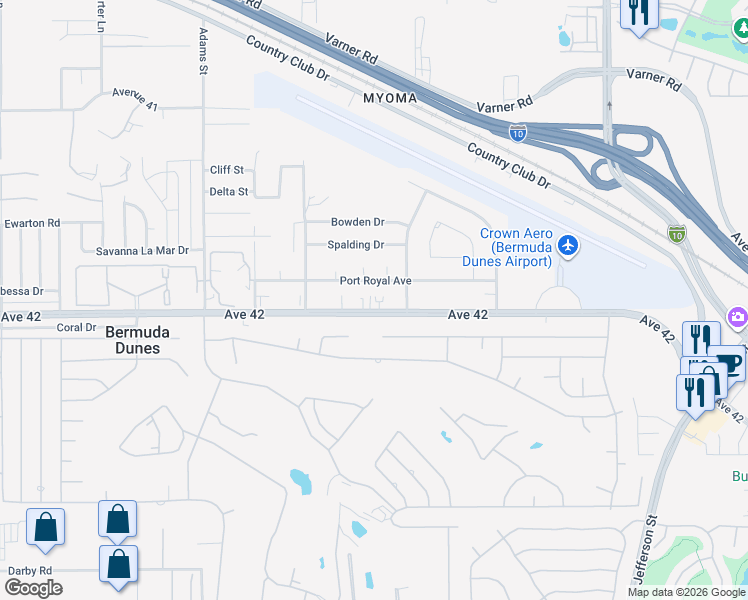 map of restaurants, bars, coffee shops, grocery stores, and more near 79400 Avenue 42 in Bermuda Dunes