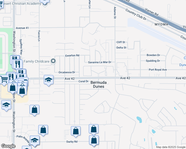 map of restaurants, bars, coffee shops, grocery stores, and more near 78650 Avenue 42 in Bermuda Dunes