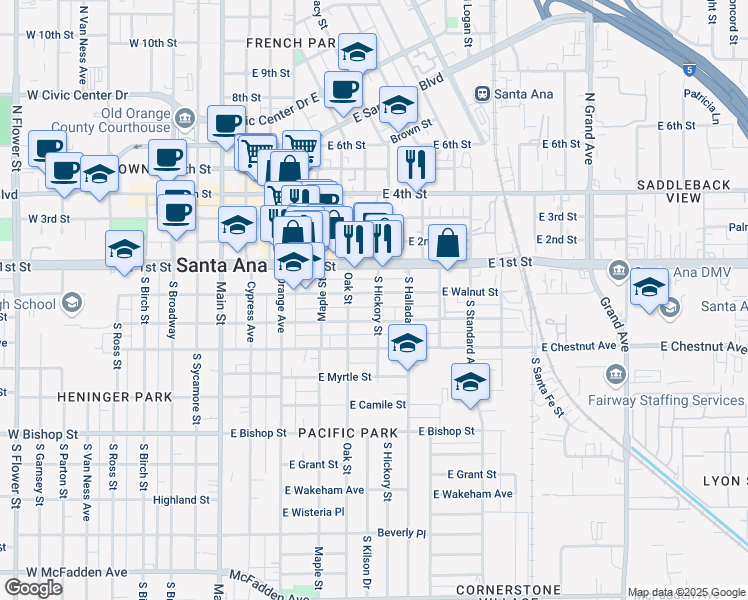 map of restaurants, bars, coffee shops, grocery stores, and more near 520 East Walnut Street in Santa Ana