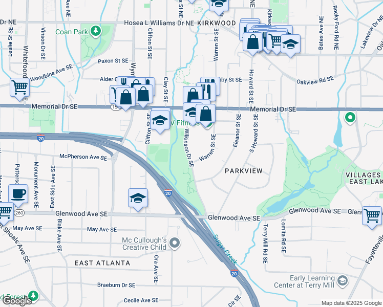 map of restaurants, bars, coffee shops, grocery stores, and more near 316 Wilkinson Drive Southeast in Atlanta