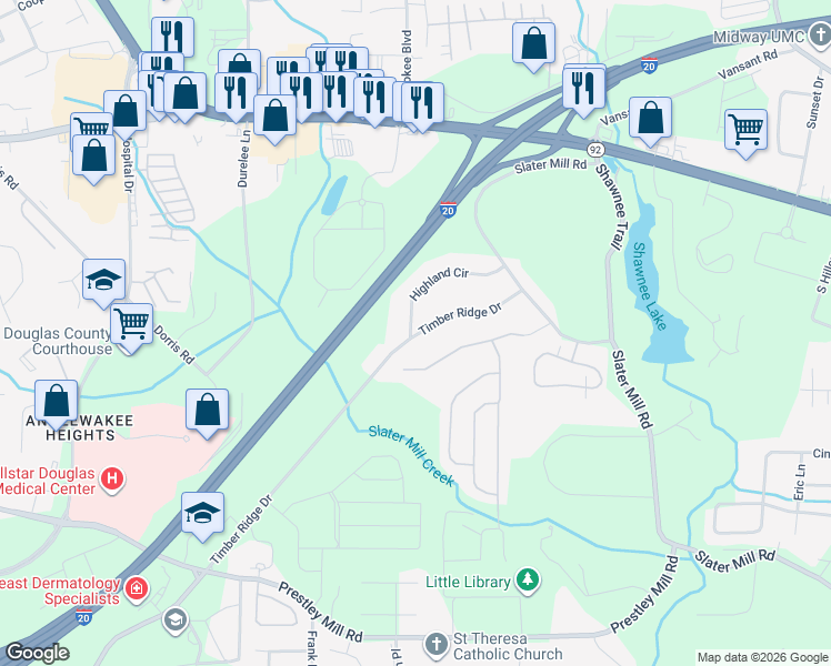 map of restaurants, bars, coffee shops, grocery stores, and more near 4516 Timber Ridge Drive in Douglasville