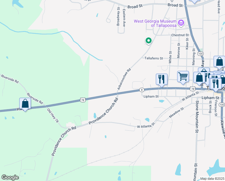 map of restaurants, bars, coffee shops, grocery stores, and more near 1506 U.S. 78 in Tallapoosa