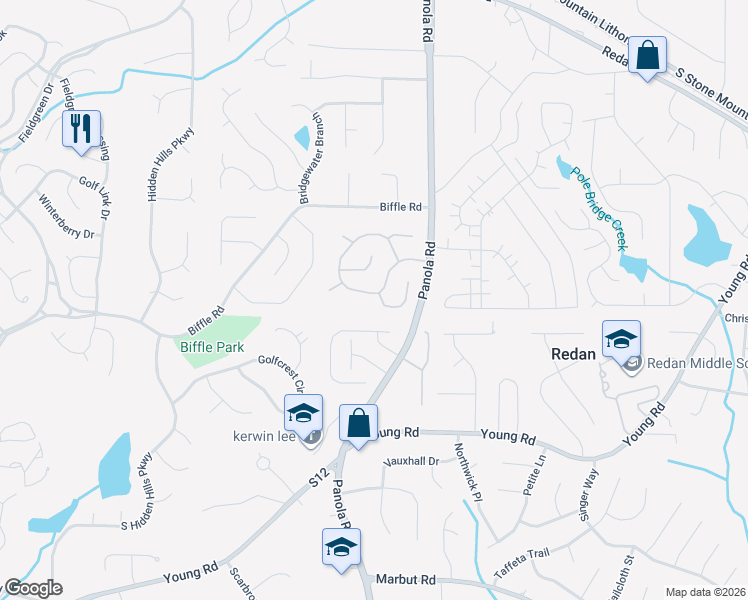 map of restaurants, bars, coffee shops, grocery stores, and more near 5393 Biffle Downs Road in Stone Mountain