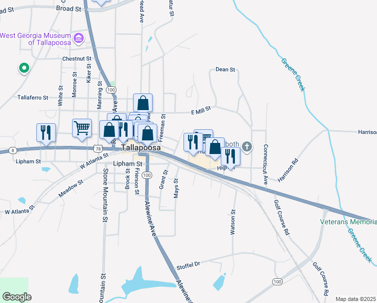 map of restaurants, bars, coffee shops, grocery stores, and more near 130 Williams Street in Tallapoosa