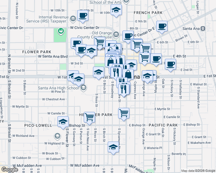 map of restaurants, bars, coffee shops, grocery stores, and more near 310 West Walnut Street in Santa Ana