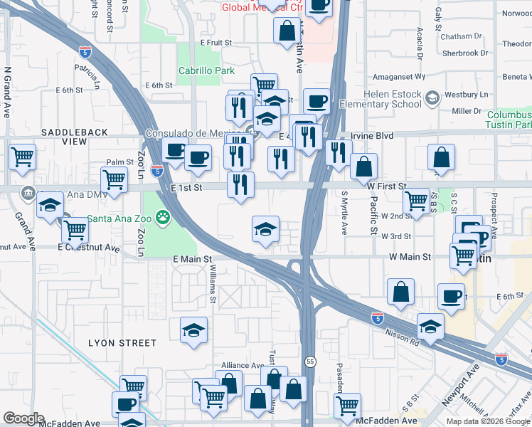 map of restaurants, bars, coffee shops, grocery stores, and more near 2116 East 1st Street in Santa Ana
