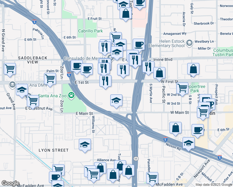 map of restaurants, bars, coffee shops, grocery stores, and more near 2116 East 1st Street in Santa Ana