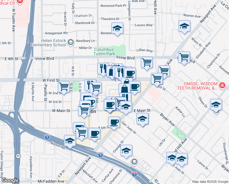 map of restaurants, bars, coffee shops, grocery stores, and more near 340 East 2nd Street in Tustin