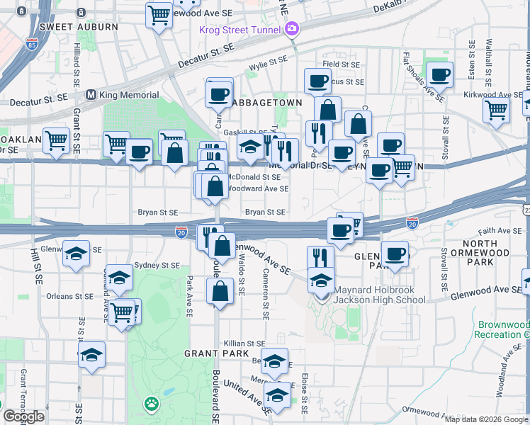 map of restaurants, bars, coffee shops, grocery stores, and more near Cameron St SE & Bryan St SE in Atlanta