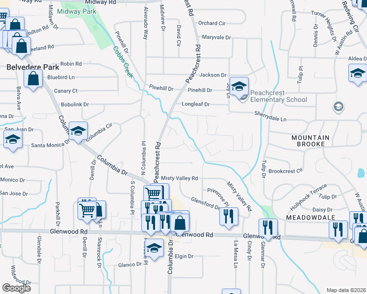 map of restaurants, bars, coffee shops, grocery stores, and more near 3417 Cobbs Ferry Drive in Decatur