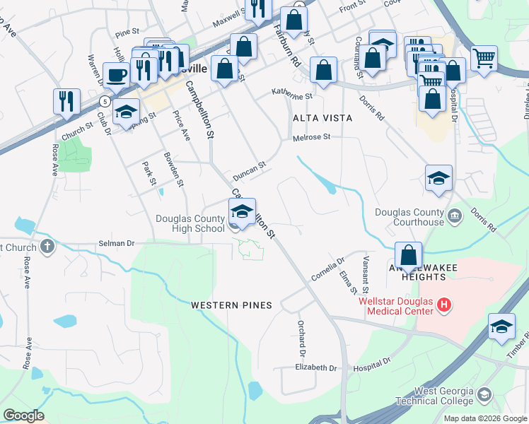 map of restaurants, bars, coffee shops, grocery stores, and more near 8702 Campbellton Street in Douglasville