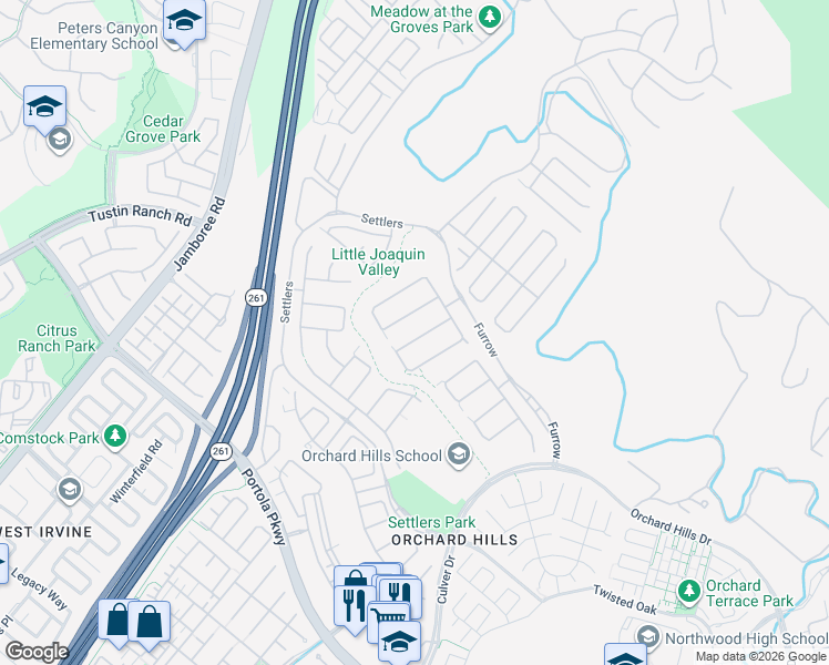 map of restaurants, bars, coffee shops, grocery stores, and more near 115 Candleglow in Irvine