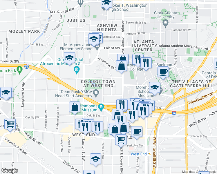 map of restaurants, bars, coffee shops, grocery stores, and more near 958 Founders Drive Southwest in Atlanta
