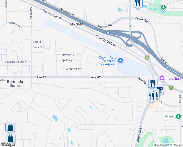 map of restaurants, bars, coffee shops, grocery stores, and more near 79602 Avenue 42 in Bermuda Dunes