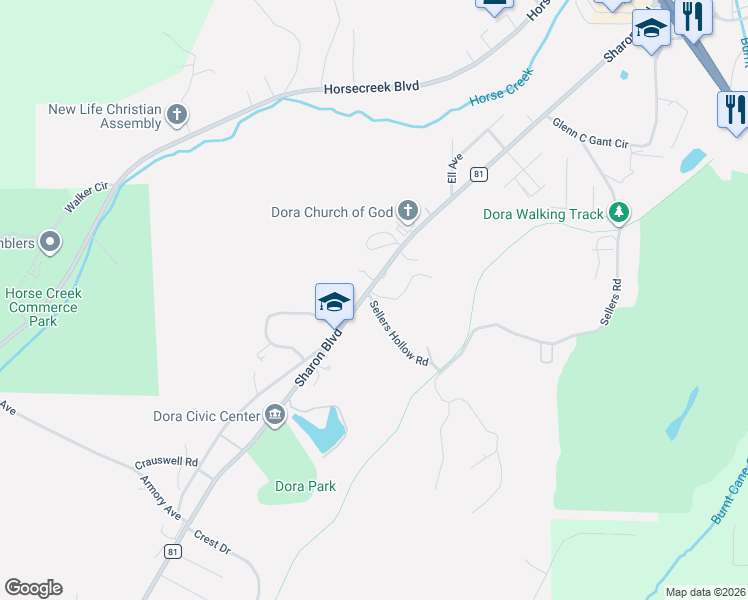map of restaurants, bars, coffee shops, grocery stores, and more near Sharon Blvd in Dora