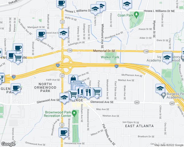 map of restaurants, bars, coffee shops, grocery stores, and more near 1331 McPherson Avenue Southeast in Atlanta