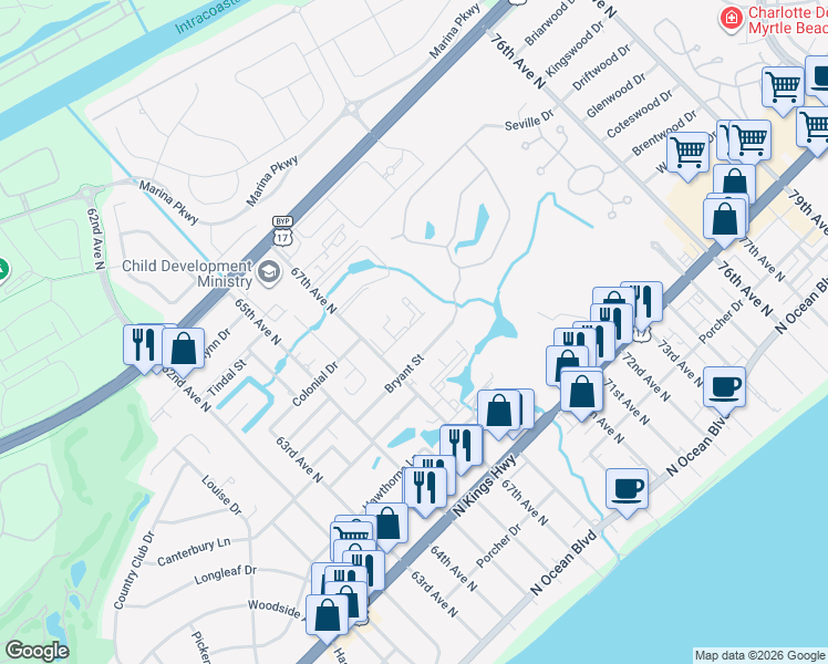 map of restaurants, bars, coffee shops, grocery stores, and more near 782 67th Avenue North in Myrtle Beach