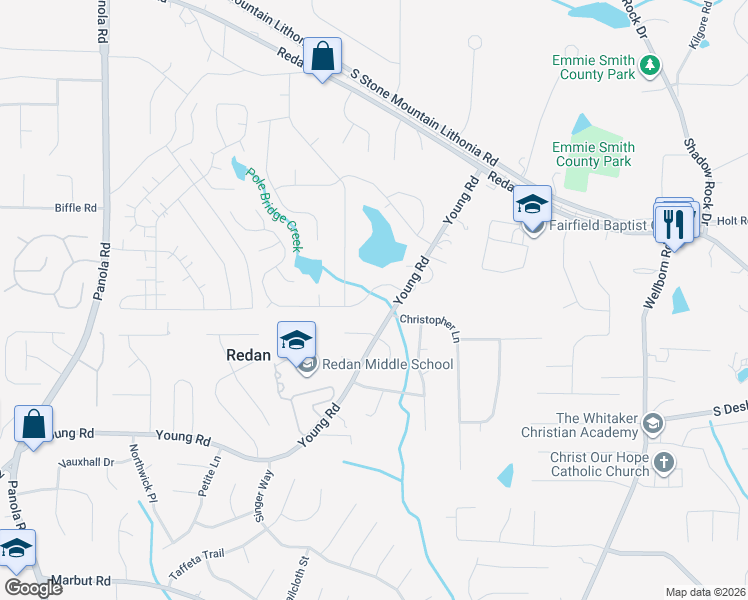 map of restaurants, bars, coffee shops, grocery stores, and more near 5727 Tunbridge Wells Road in Lithonia