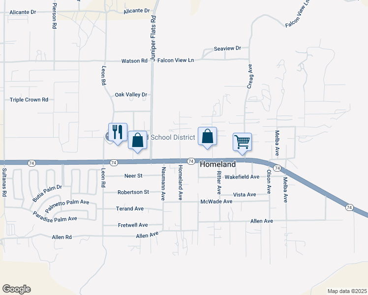 map of restaurants, bars, coffee shops, grocery stores, and more near 25963 Homeland Avenue in Homeland