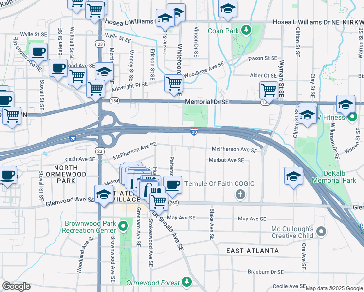 map of restaurants, bars, coffee shops, grocery stores, and more near 399 McPherson Place Southeast in Atlanta