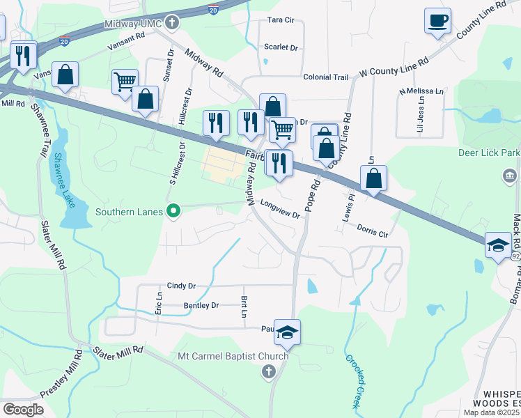 map of restaurants, bars, coffee shops, grocery stores, and more near 2288 Midway Road in Douglasville
