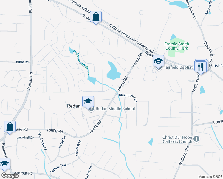 map of restaurants, bars, coffee shops, grocery stores, and more near 5743 Tunbridge Wells Road in Lithonia