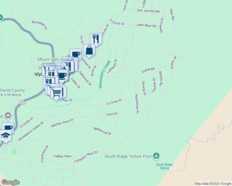 map of restaurants, bars, coffee shops, grocery stores, and more near 26020 Boulder Drive in Idyllwild-Pine Cove